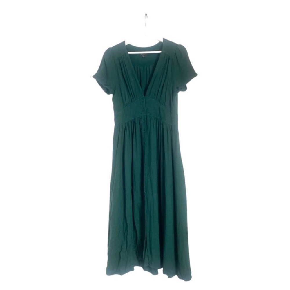 Audrey 3+1 Green Linen Blend Midi Cottagecore Dress Size Medium Flowy